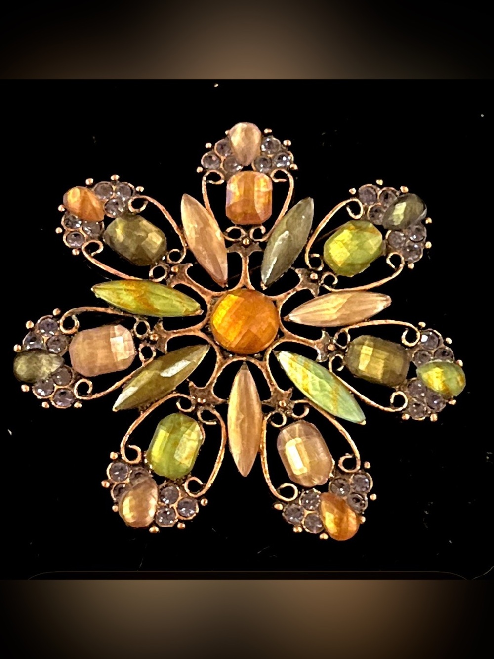 Gold-Tone Floral Brooch with Green and Amber Faceted Stones